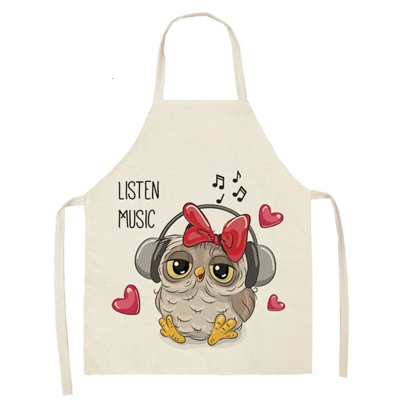 Owl Sleeveless Chef Apron Linen Floral Print Kitchen Decoration Apron Women'S Home Cooking Baked Waist Bib