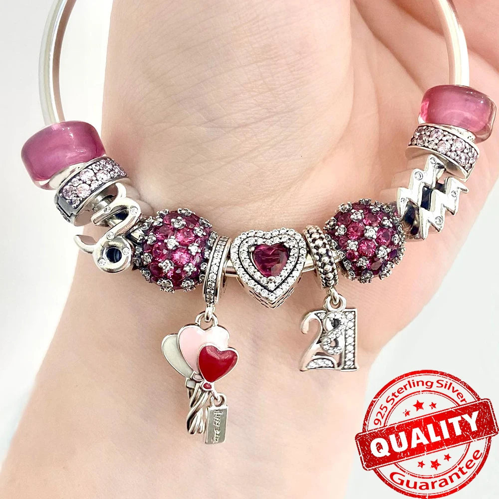 Sparkling 925 Sterling Silver Pavé Round Pink Charm Fit Original Bracelet Blue Charm Beads Women Necklace Fine Jewelry Gift