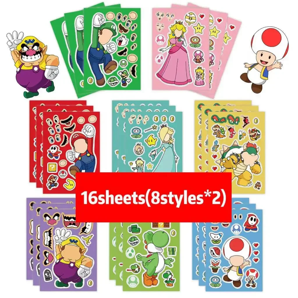 8/16Sheets Disney Micke Puzzle Stickers  Children DIY Make-a-Face Funny Assemble Jigsaw Cartoon Sticker Kids Educational Toys