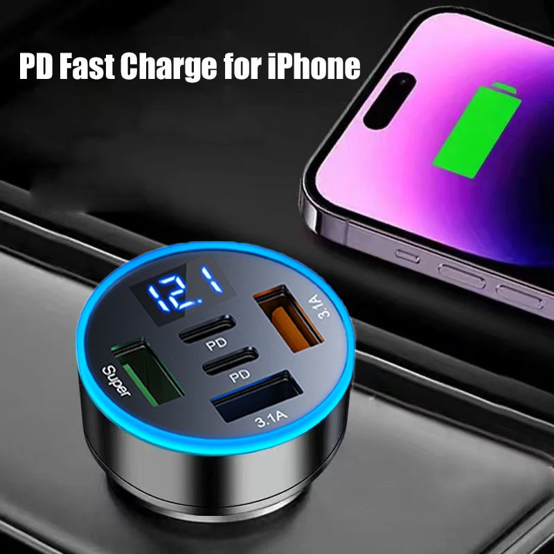 UYUXIO 5 in 1 USB Car Phone Charger Adapter with Voltage Display Dual PD Port Super Fast Charge for iPhone Samsung Huawei OPPO