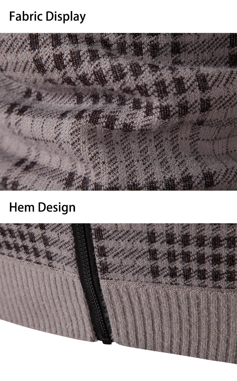 Mens Sweaters Jacket Full Zip Fleeced Sweater Cardigan Plaid Stand Collar Sweaters Coat Autumn Winter Homme Clothes