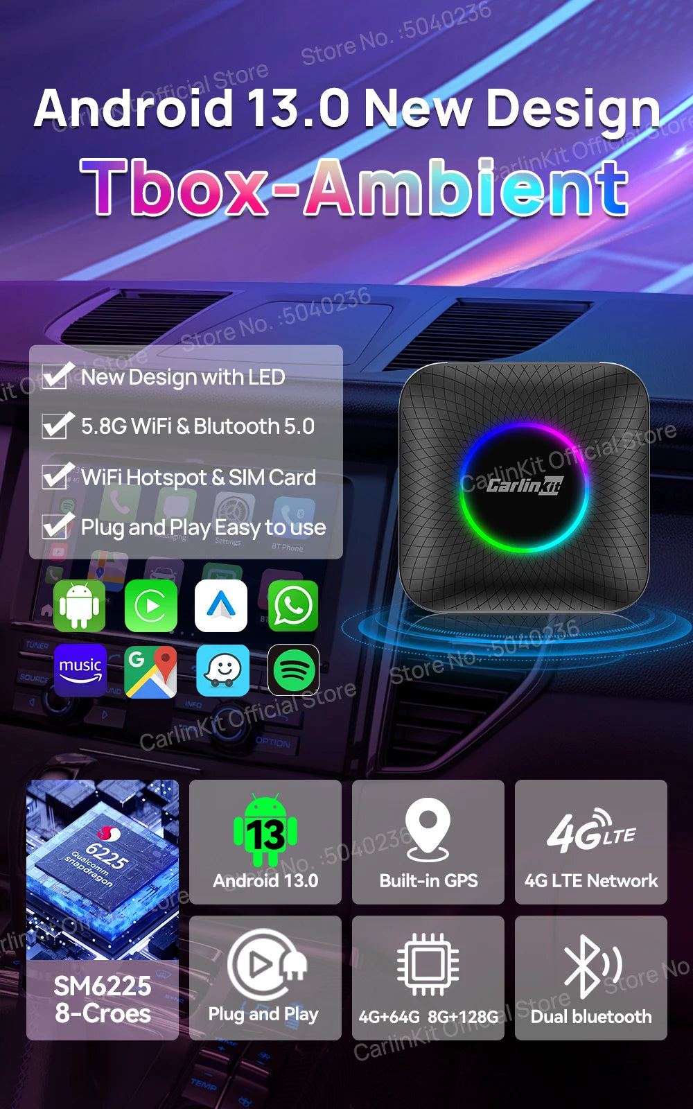 CarlinKit Android 13 SDM660 6225 CarPlay Ai Box LED 8-Cores Wireless Android Auto& CarPlay Car USB Adapter 64G 128G FOTA Upgrade