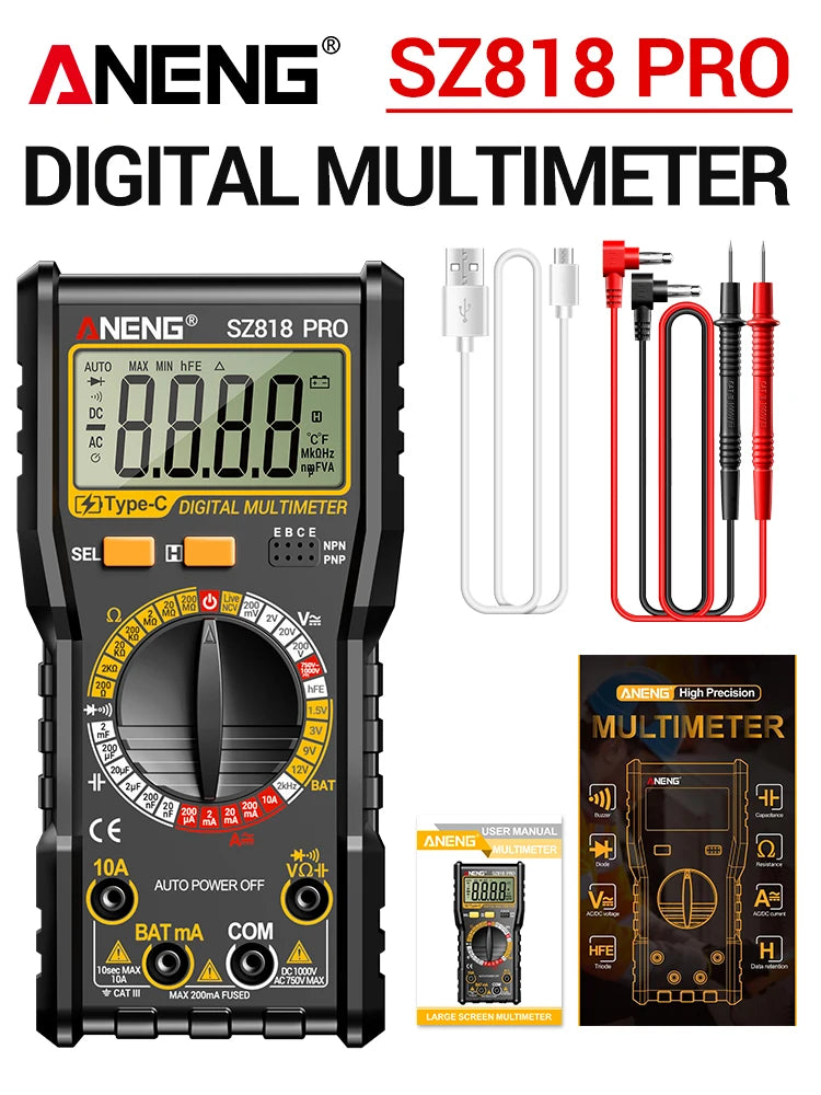 Smart Rechargeable Digital Multimeter Tester ANENG SZ818 PRO AC/DC Voltage Ammeter Pnp Npn Resistance hFE Capacitor tester tools