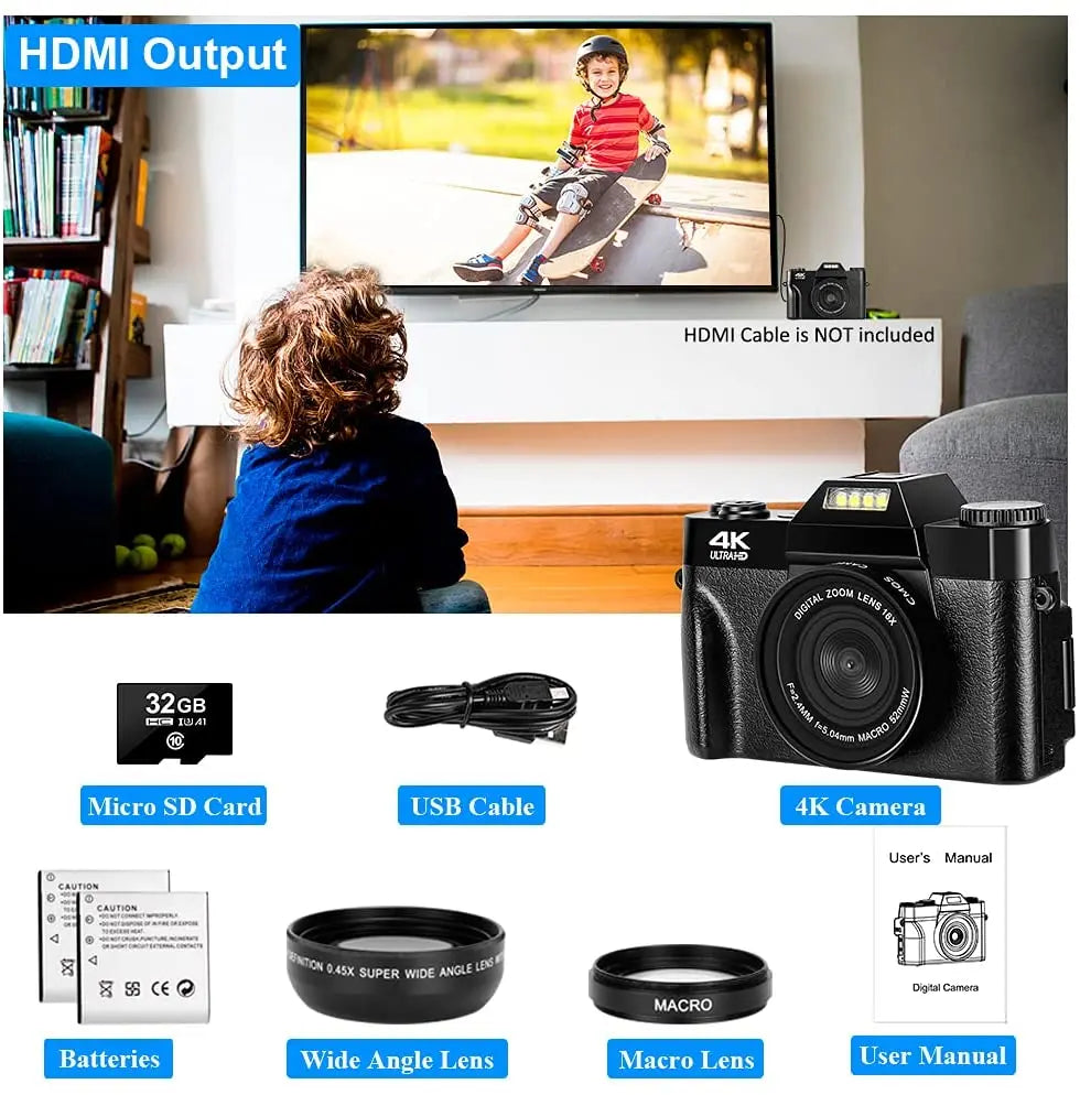 4K HD Professional Digital Camera Camcorder WIFI Webcam Wide Angle 16X Digital Zoom 48MP Photography 3 Inch Flip Screen Recorder