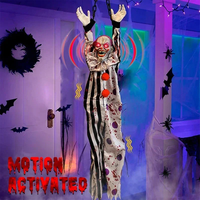 Halloween Hanging Animated Decorations Talking Shaking Scary Clown with Chain Voice Control Outdoor Yard Haunted House Prop