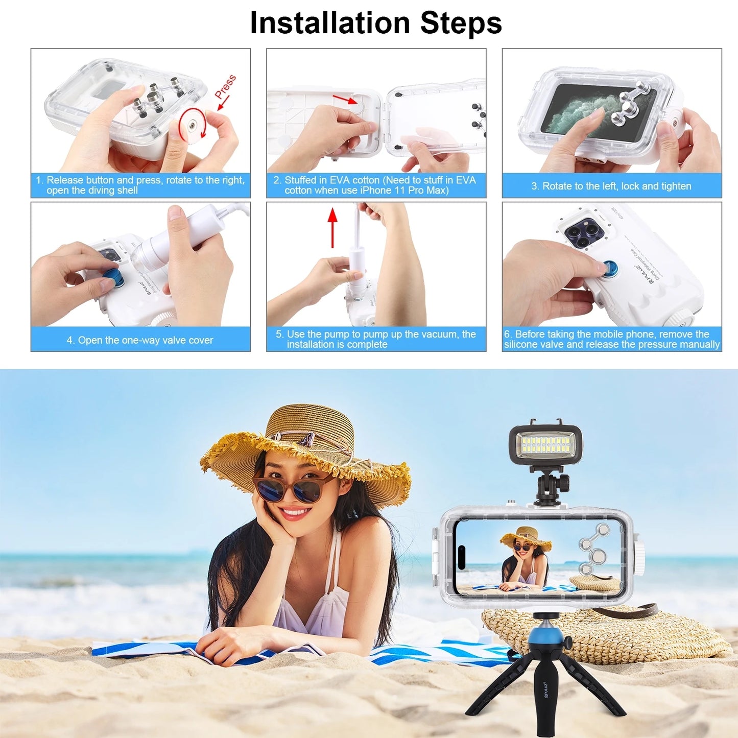 PULUZ 40m/130ft Waterproof Diving Case for iPhone 15 14 13 12 11 Pro Max Plus with One-way Valve Underwater Video Housing Cover