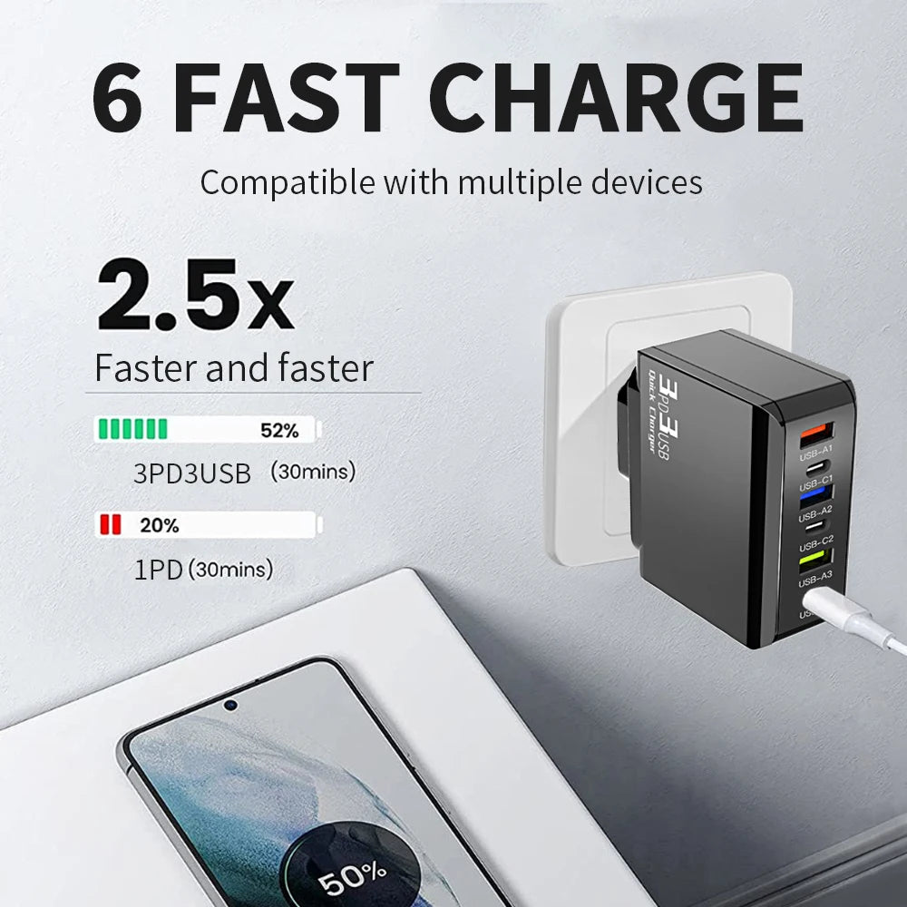 6 Ports USB C Charger USB QC3.0 Adapter PD Fast Charging For iPhone 15 Xiaomi Samsung Phone Quick Charge EU/US Plug Wall Charger