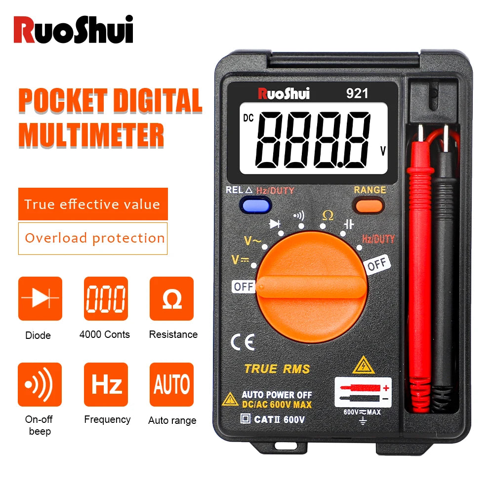 RuoShui 921 Digital Multimeters 4000 Counts Mini Auto Range Resistance Tranistor Capacitance Multimetros Multimeter Digital