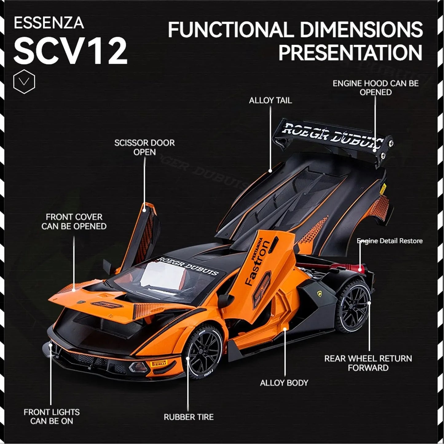 1:24 Scale Lamborghini SCV12 Diecast Car Model with Sound and Light Effects, Spring-Loaded Action