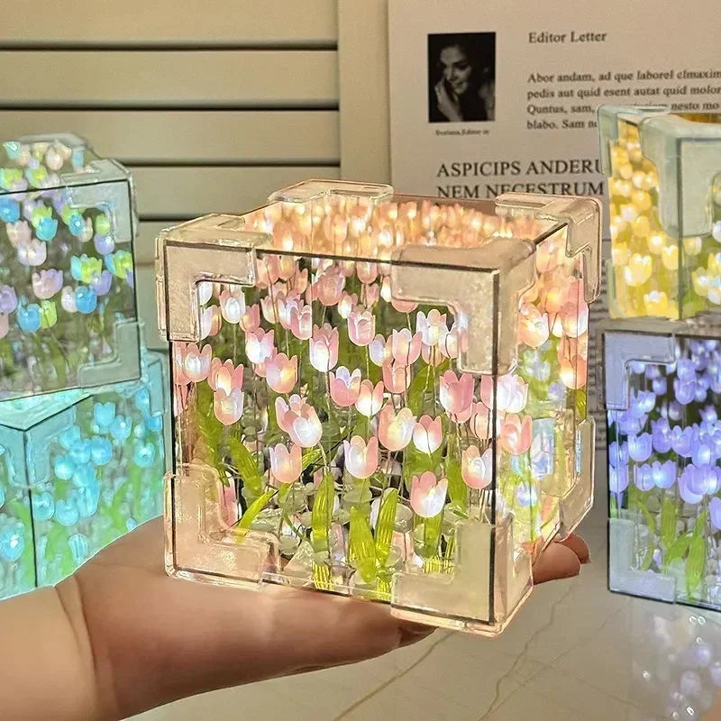 2024 Creative Diy Tulip Flower Sea Cube Three-Dimensional Small Night Lamp Material Package for Girlfriend Couple Girlfriends