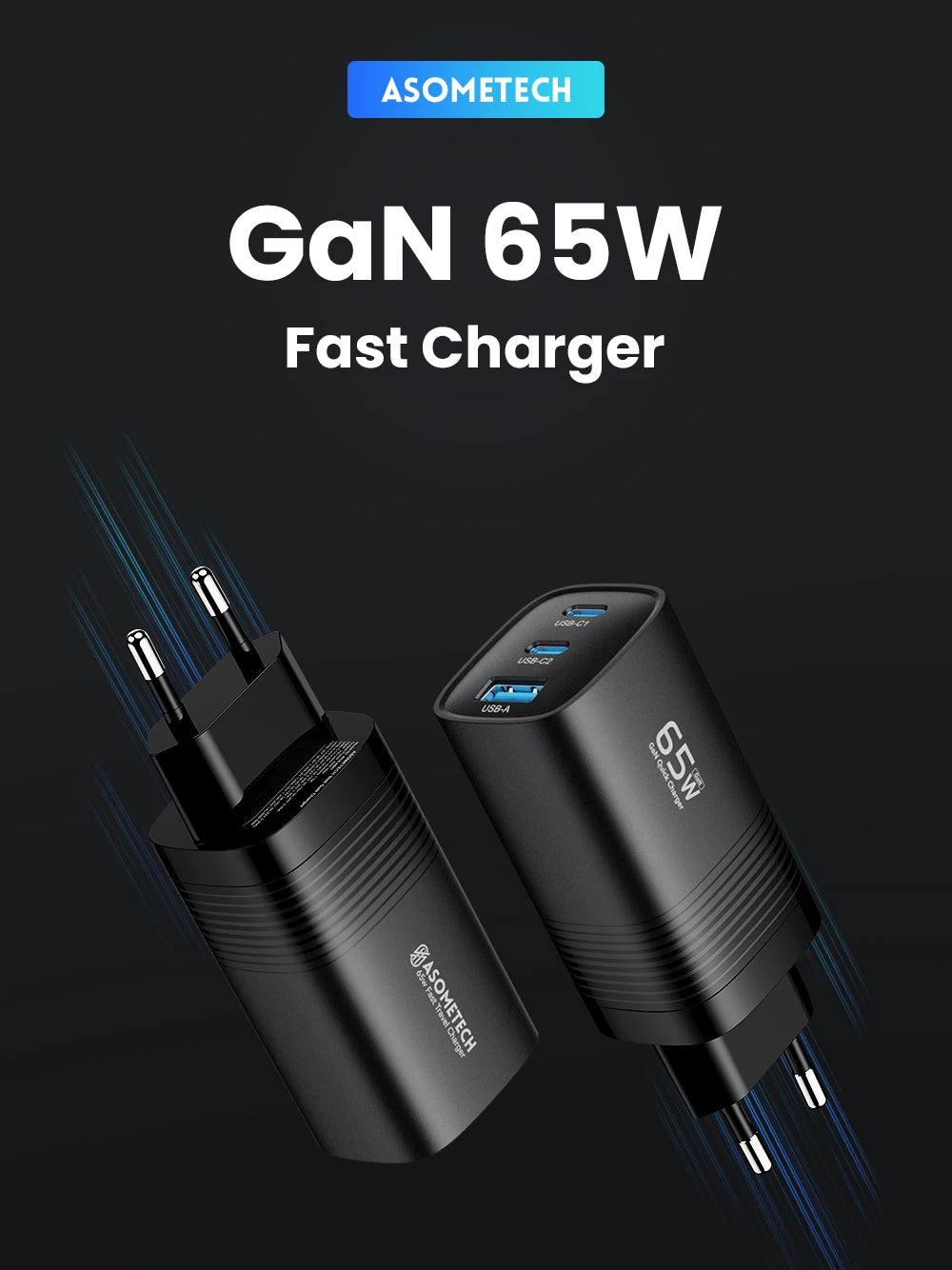 ASOMETECH GaN USB Type C Charger 65W 45W PPS PD QC4.0 Quick Charger For Macbook Laptop IPAD Tablet iPhone 16 Samsung S23 Ultra