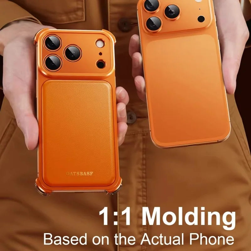 Luxury Bounce Magnetic Leather Mobile Phone Case For IPhone 17 16 Pro Max Frameless Aluminum Metal Bumper Shockproof Back Cover