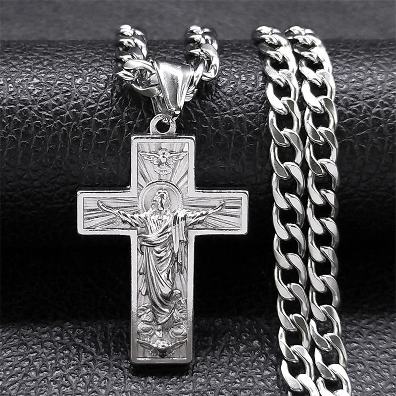 Stainless Steel Cross Jesus Pendant Necklace for Men Gold Color Hip Hop Cuban Chain Religious Crucifix Necklaces Jewelry NZZ470S
