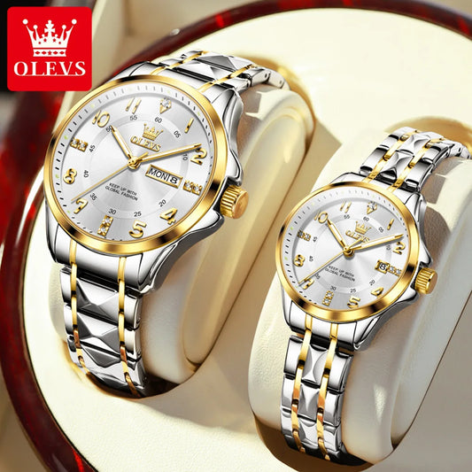 OLEVS 2910 Luxury Men Women Couple Watch Dual Calendar Display Waterproof Stainless Steel Clock Gold Diamond Couple Quartz Watch