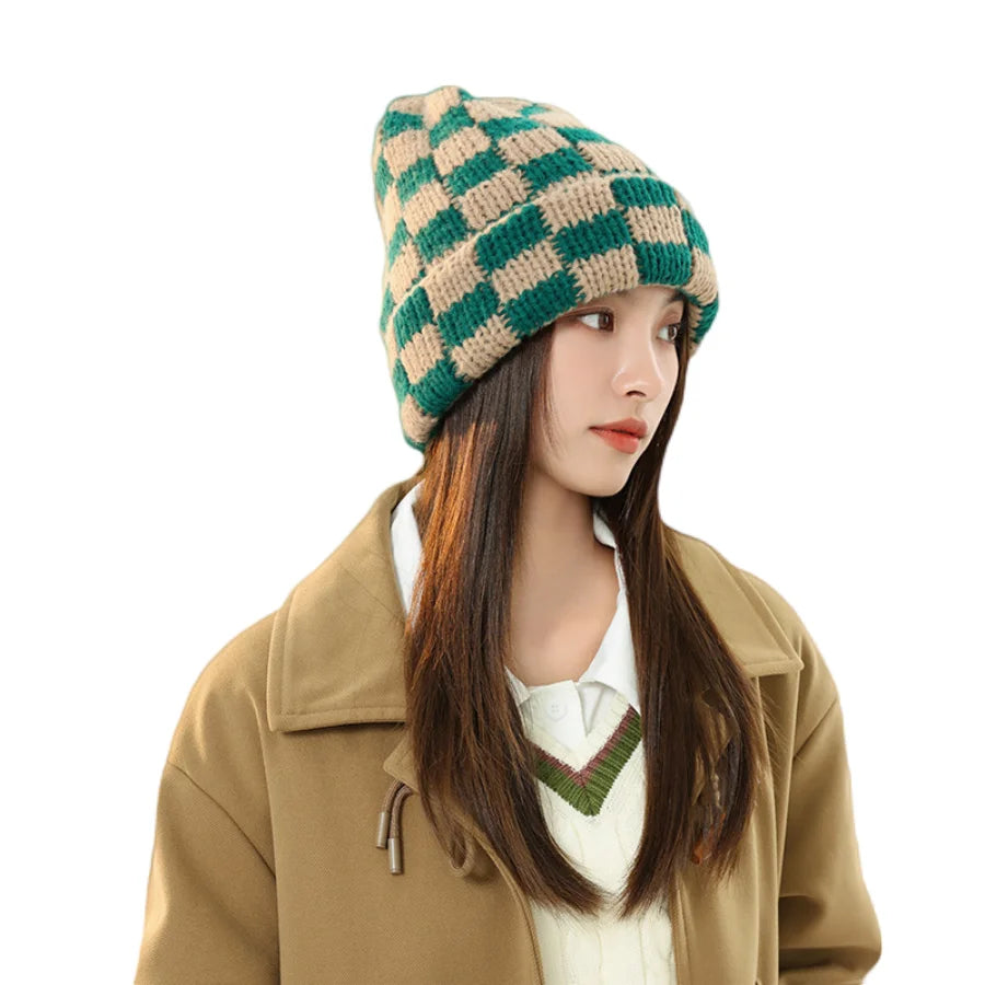 Luxury Brand Chessboard Plaid Knitted Hat Women Winter New Big Size Hat Warm Beanies Skullies Green Red Xmas Christmas Hat