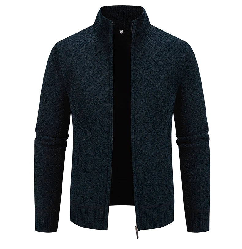 Mens Sweaters Jacket Full Zip Fleeced Sweater Cardigan Plaid Stand Collar Sweaters Coat Autumn Winter Homme Clothes