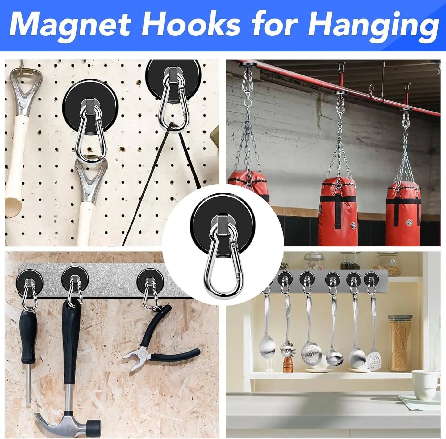 Magnetic Hooks Heavy Duty Black Magnet Hooks with Swiveling Carabiner for Hanging Refrigerator Strong Large Neodymium Magnet