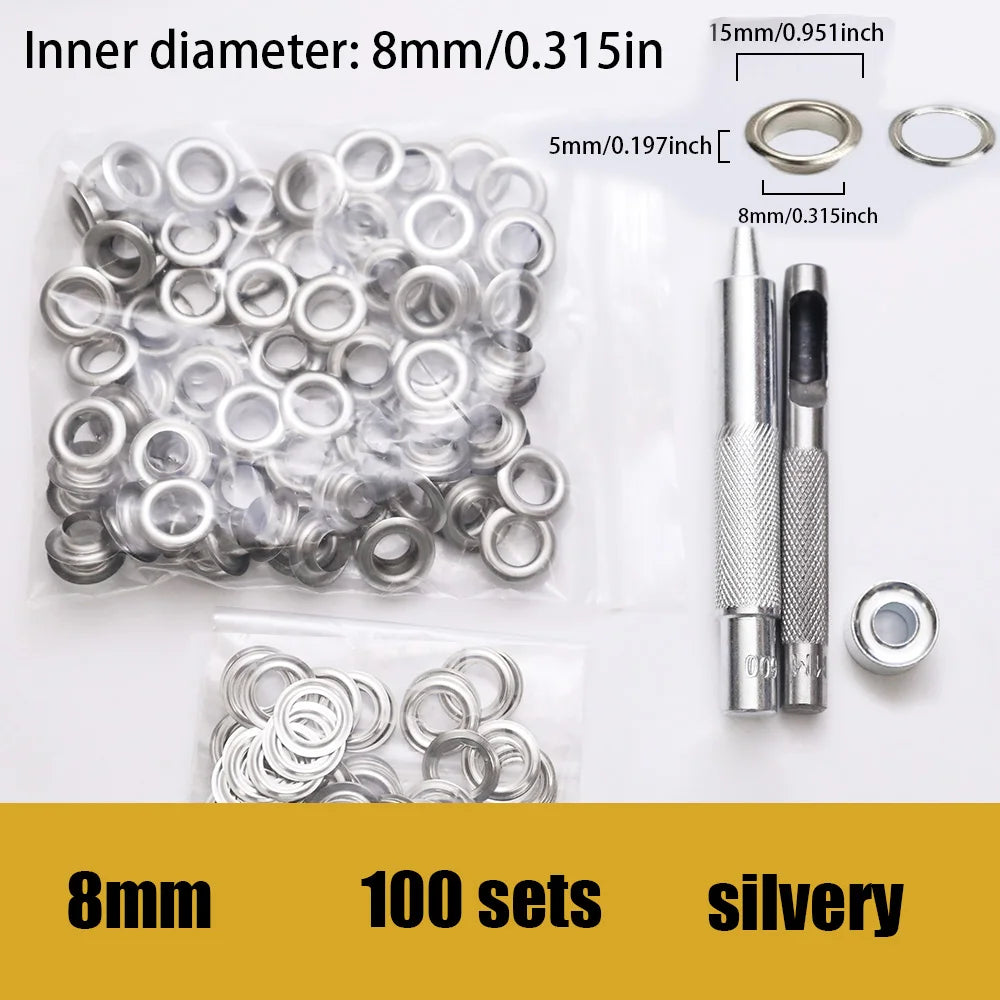 100 sets of stainless steel  eyelets with a tool ,for canvas holes, clothes, handbag, 5mm/6mm inner diameters
