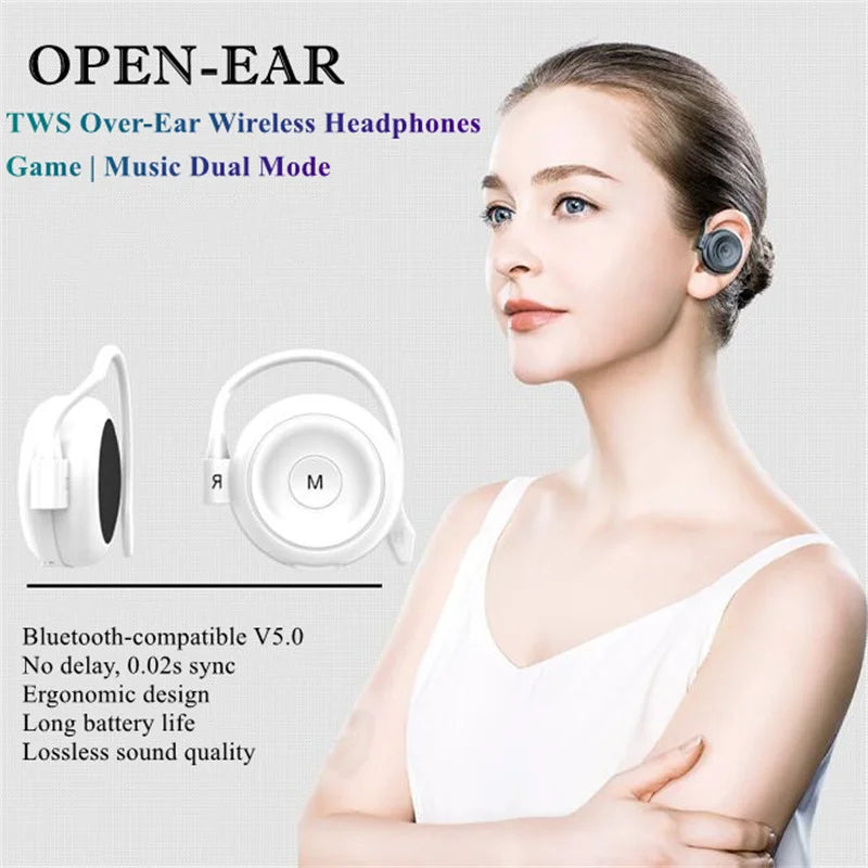 TWS Over-Ear Wireless Headphone Bluetooth-Compatible V5.0 Lossless Sound Ear Hook Earphone Game/Music Dual Mode Open-Ear Headset