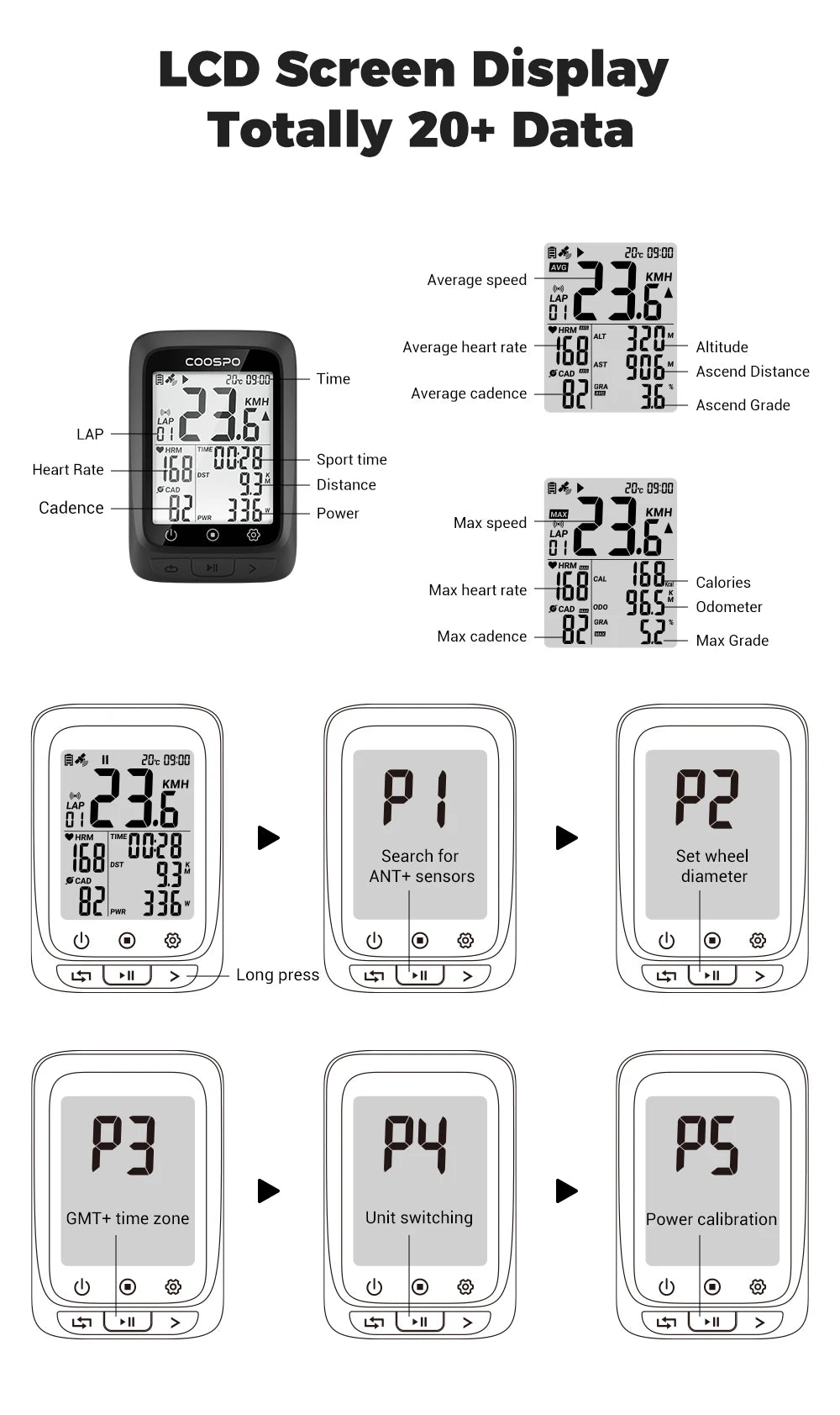 COOSPO BC26/BC107 Bike Computer GPS Wireless Bicycle Cycling Odometer Speedometer 2.4"FSTN Bluetooth5.0 ANT+ Waterproof GPS BDS