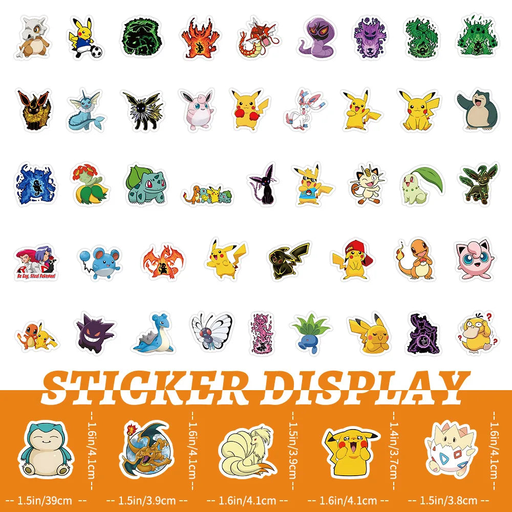 100PCS Kawaii Pikachu Anime Pokemon Stickers for Laptop Suitcase Skateboard Guitar Phone Cartoon Sticker Kid Gift Toys