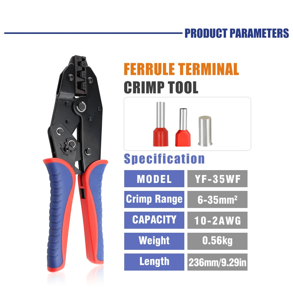 Crimping Tool for Sleeves Ferrule Terminals - Ratcheting Wire Crimpers - AWG 10-2 (6-35mm²) - Ratchet Terminal Crimper YF-35WF