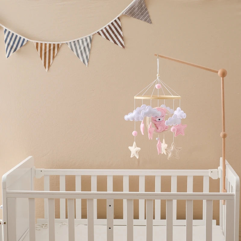 Crib Mobile Rattle Baby Wooden Bed Bell Baby Rattles Soft Felt Cartoon Bear Toys Crib Mobile Bed Bell Wood Toy Bracket Kid Gifts