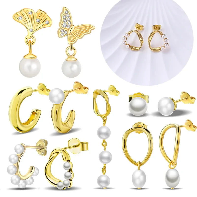 Sterling Silver S925 Pearl Gold Yellow Circular Hoop Earrings Drop Earring Original Charms Fine Jewelry for Women Elegant