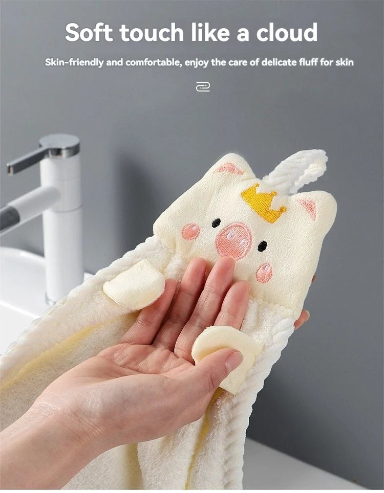 Soft Coral Velvet Hanging Towel with Adorable Piggy Embroidery for Bathroom Kitchen Dishwashing Handkerchief Cloth