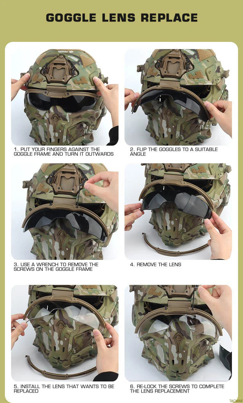 Assault I Airsoft Helmet Full Face, Tactical Helmet with HD Headset Anti-Fog Fan 2 Pairs Lens Flip Mask for Outdoor CS