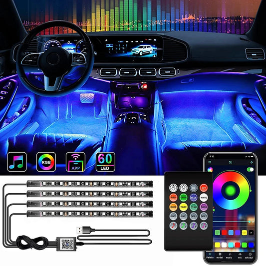 Neon 48LED Car Interior Ambient Foot Light Strip with USB Wireless Remote Music APP Control Auto RGB Atmosphere Decorative Lamp