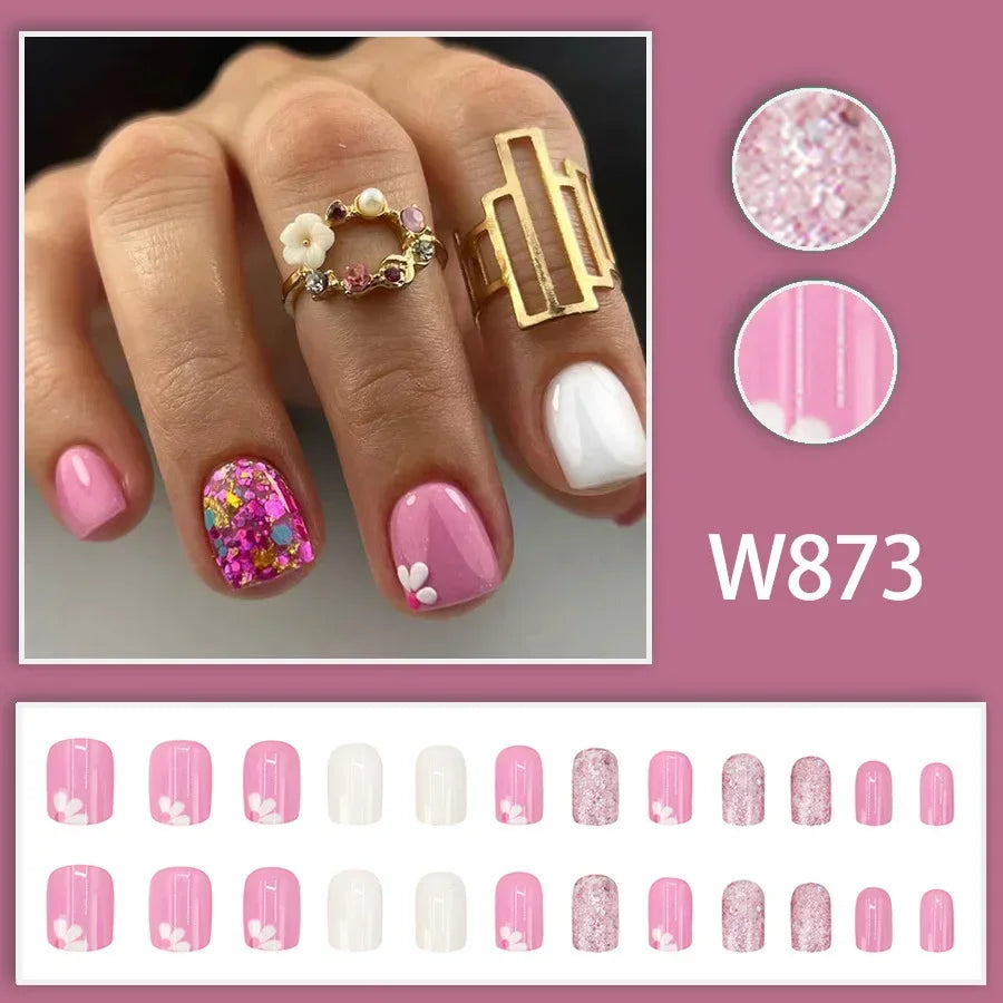 Black Ink Style Fake Nail with Jelly sticker Press on False Nails Wearable Round Head Oval Full Cover Nail Tips