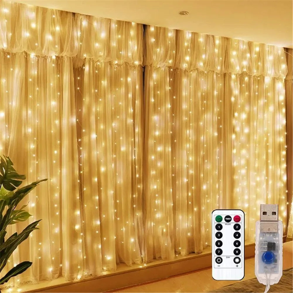 Christmas Lights LED Fairy String Curtain Lights 8 Mode Remote USB Festoon Christmas Decor For Home Holiday New Year Lamp