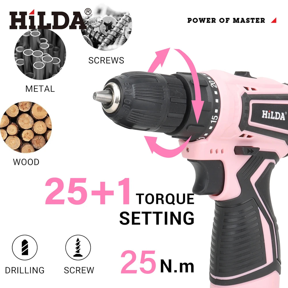 HILDA Electric Drill 12V Cordless Drill Electric Screwdriver Mini Wireless Power Driver DC Lithium-Ion Battery