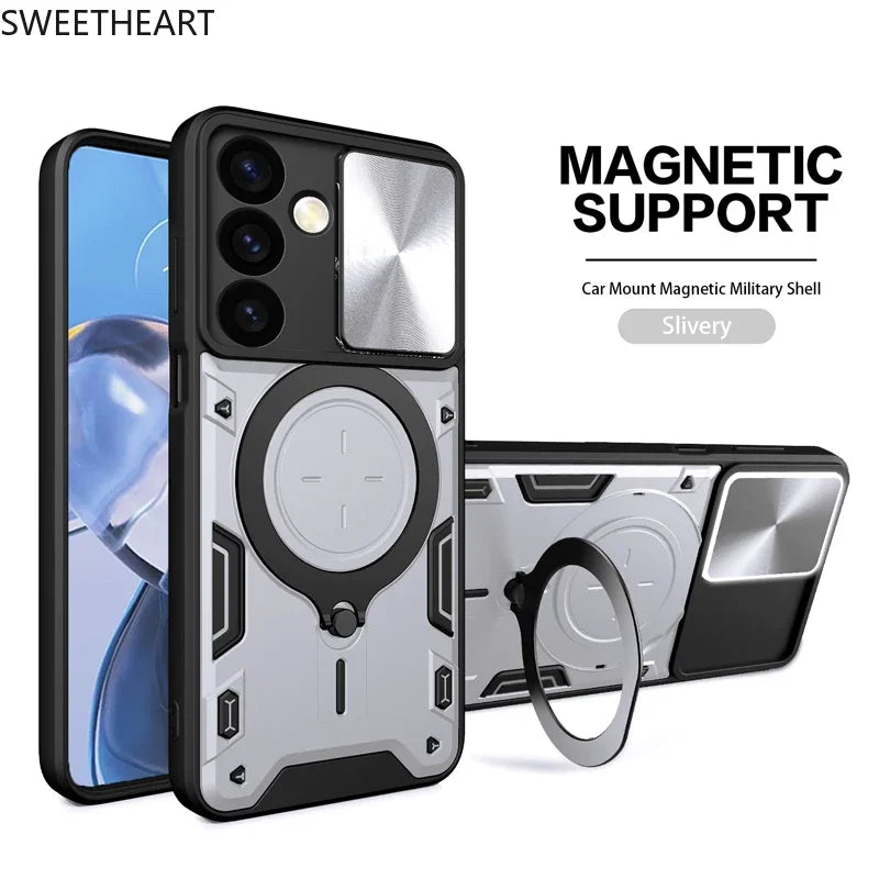 Magnetic Adsorption Armor Metal Ring Case For Samsung Galaxy S25 24 23 22 21 20 Ultra S24 S23 Plus S24FE Incoming Call Flashing