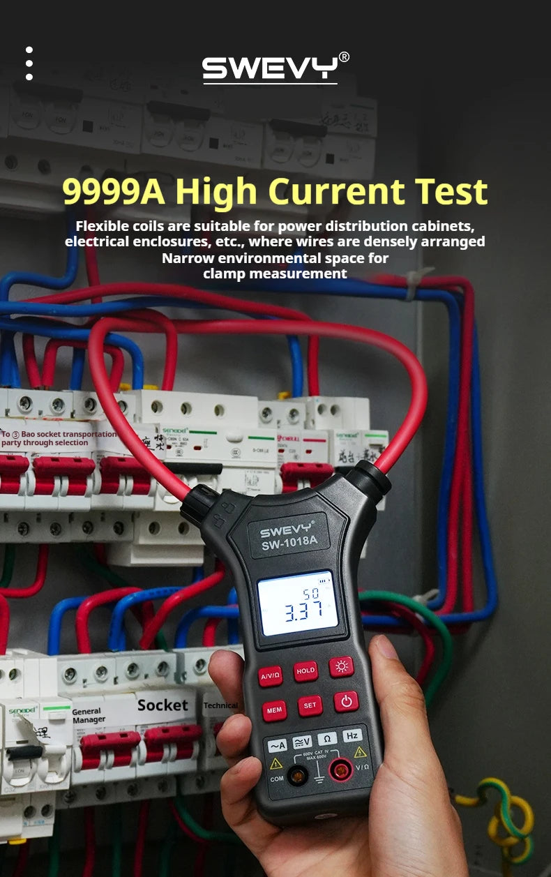 SWEVY SW1018A LCD Backlight Digital Flexible Current Clamp 0 mA - 9999A AC/DC Voltage, AC Current, and Resistance Test Multimete