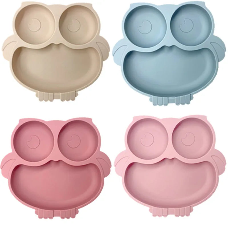 BPA Free Cute Owl Children Dishes Suction Plates Silicone Baby Dining Plate for Toddlers Baby Training Feeding Sucker Bowl