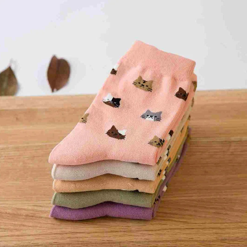 5 Pairs Cat Print Socks, Cute & Comfy All-match Mid Tube Socks, Women's Stockings & Hosiery