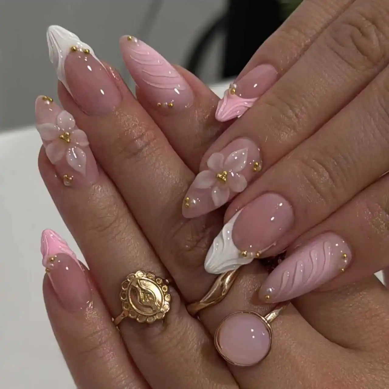 24PCS 3D Sweet Pink Flower Almond Press on False Nails with Yellow French Diamonds Fake Nails Artificial Wearable Tips with Glue