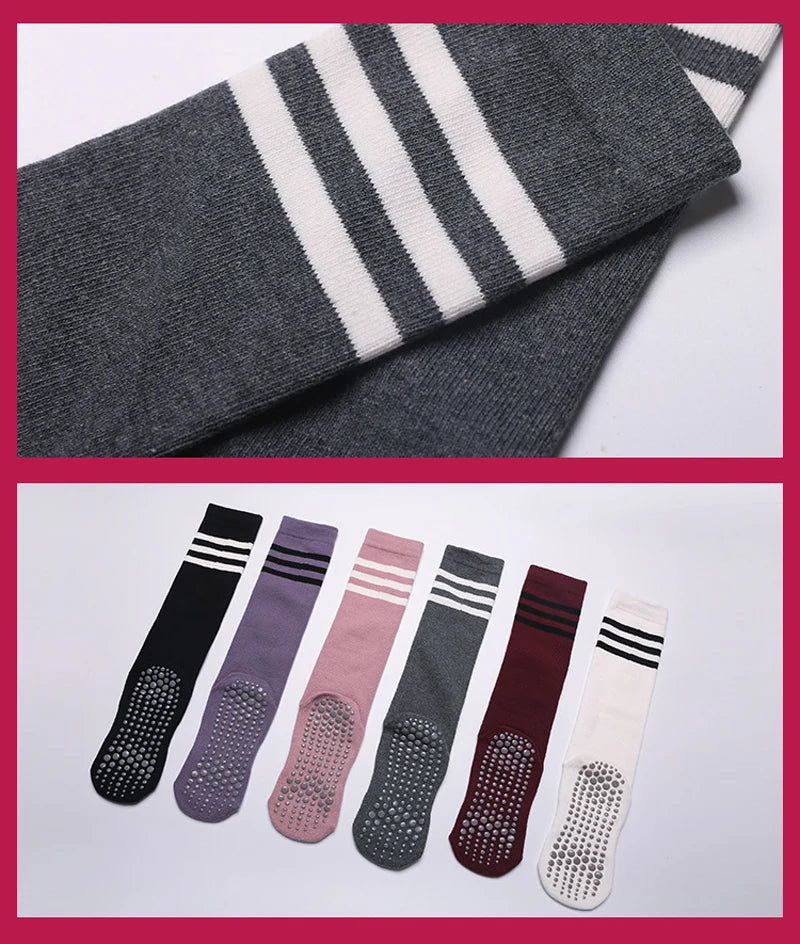 Autumn Winter Women Yoga Socks Striped Cotton Fitness Breathable Pilates Socks Middle Tube Non-Slip Gym Dance Ballet Grip Socks