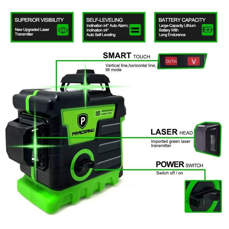 Pracmanu Laser Level 12 Lines 3D Level Self-Leveling Horizontal and Vertical Cross Super Powerful Green Laser Beam