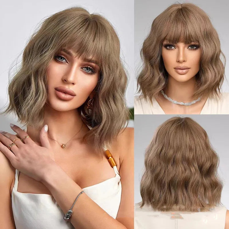 Short Wavy for Women Dark Brown Natural Synthetic Wig with Bangs for Girl Daily Cosplay Use Heat Resistant