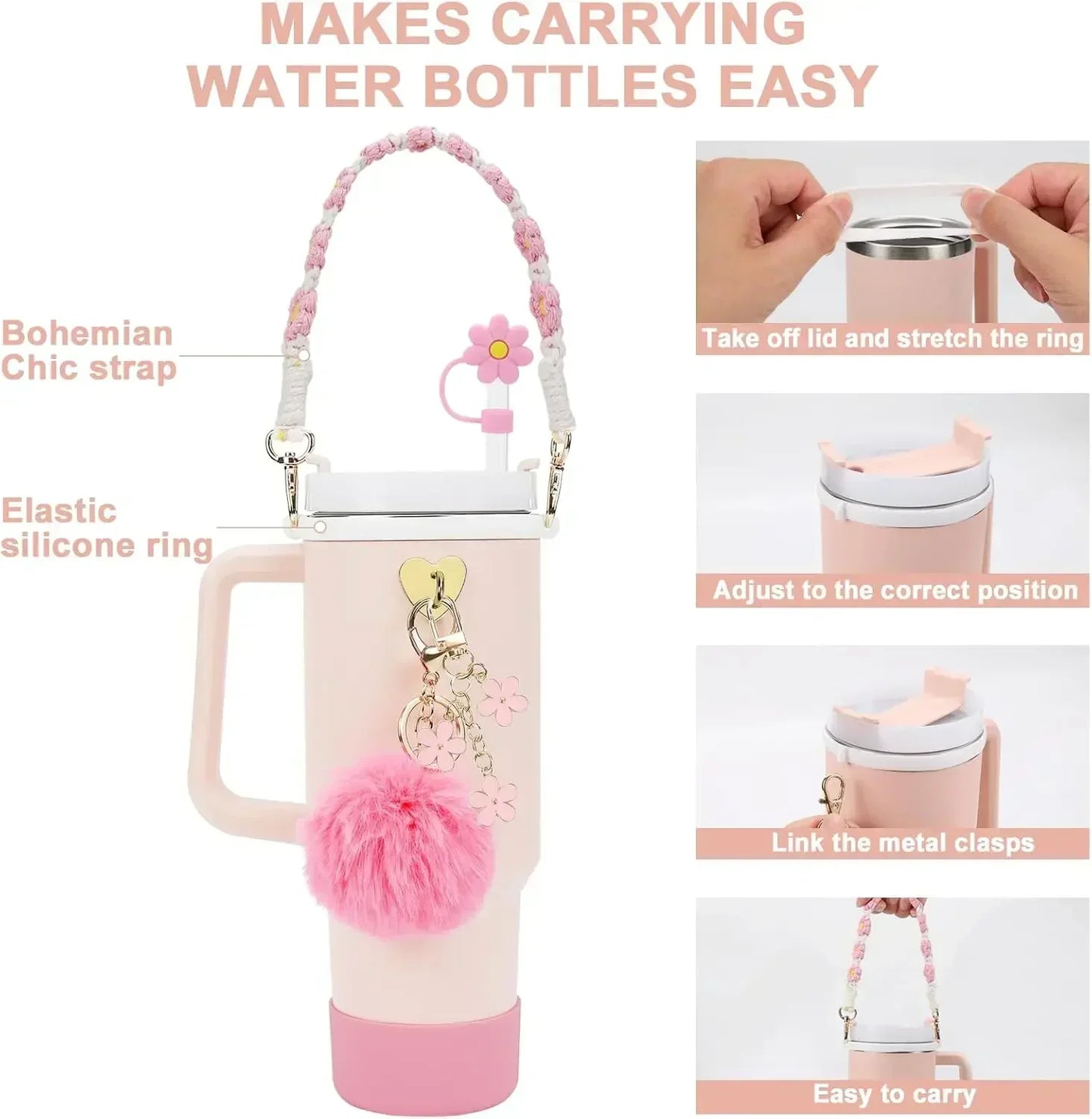 7/8pcs Cup Accessories Set for Stanley Cup Including Handle Strap Siliocne Cup Boot Straw Cover Charms for 40oz 30oz Tumbler