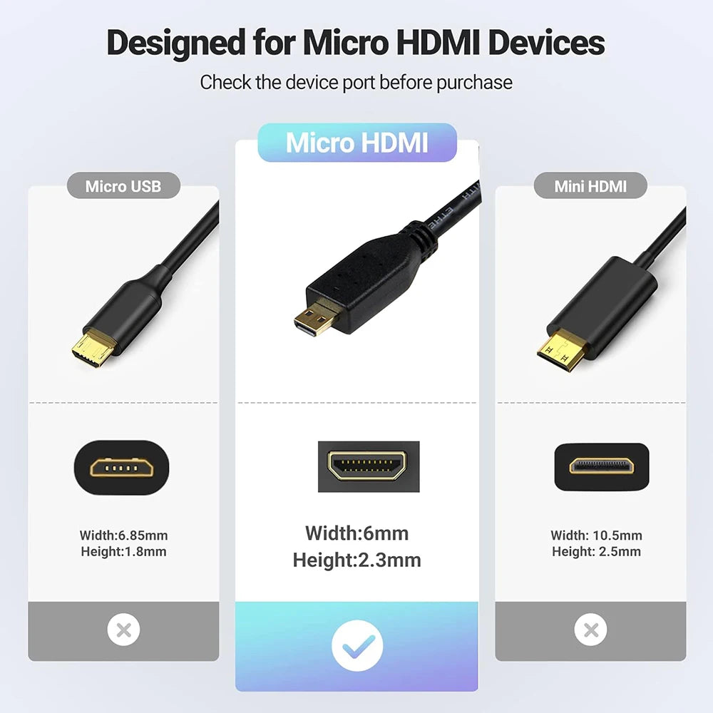 Micro HDMI cable 4K 60Hz Bi-direction HDMI to Micro HDMI 2.0 cable adapter for Raspberry Pi 5/Pi 4/GoPro Hero 7 6/laptop Tablets