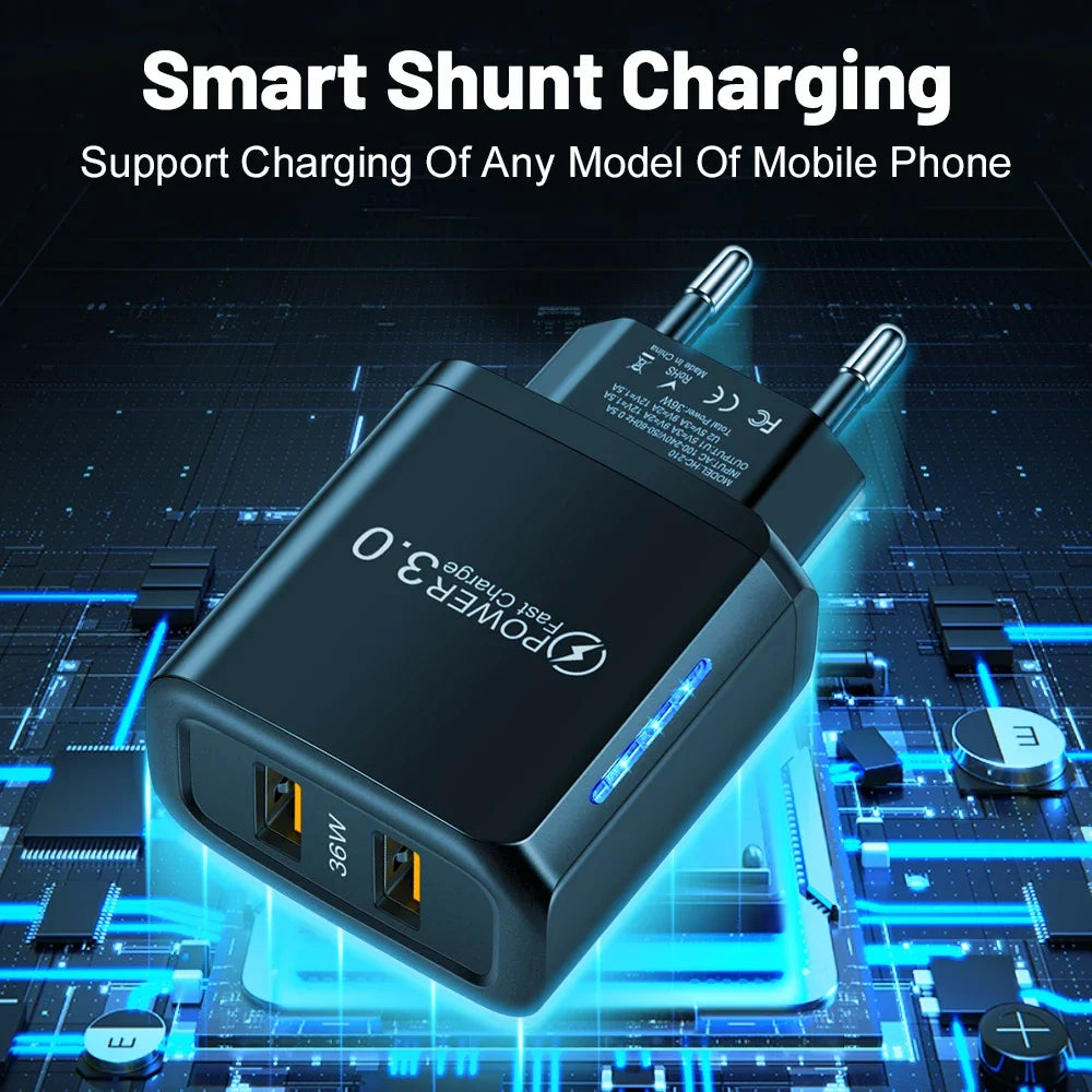 36W USB Mobile Phone Charger Quick Charge 3.0 Fast Charging Adapter For iPhone 16 15 pro Max Xiaomi 14 Samsung Huawei Chargers