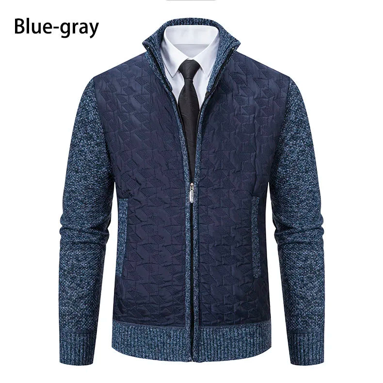 Mens Sweaters Jacket Full Zip Fleeced Sweater Cardigan Plaid Stand Collar Sweaters Coat Autumn Winter Homme Clothes