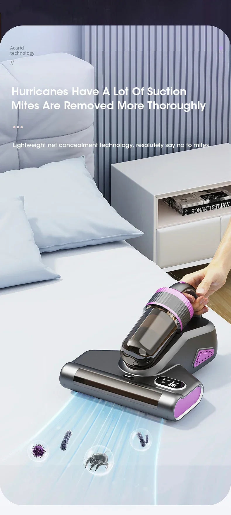 Portable 15Kpa Mite Remover Wireless Handheld Home Ultraviolet Sterilization Powerful Suction Vacuum Cleaner for Sofa Mattresses