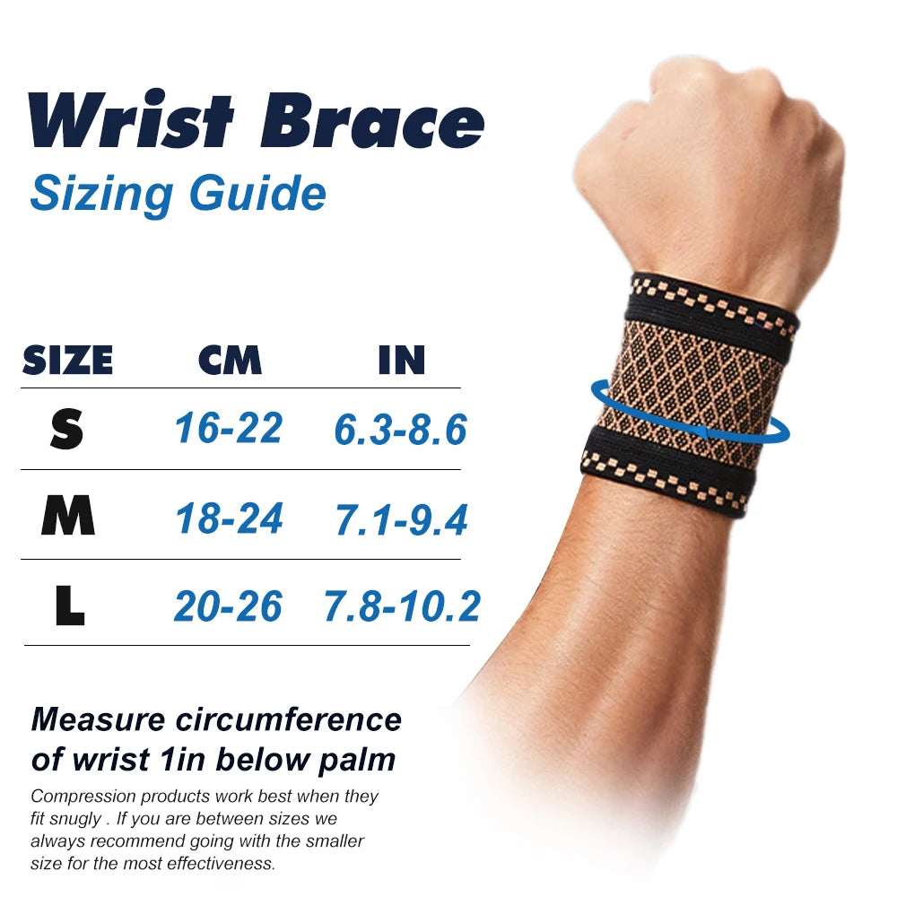 1Pair Copper Compression Wrist Sleeve Compression Wrist Supports for Men and Women Tennis, Sport, Fitness Workout, Carpal Tunnel