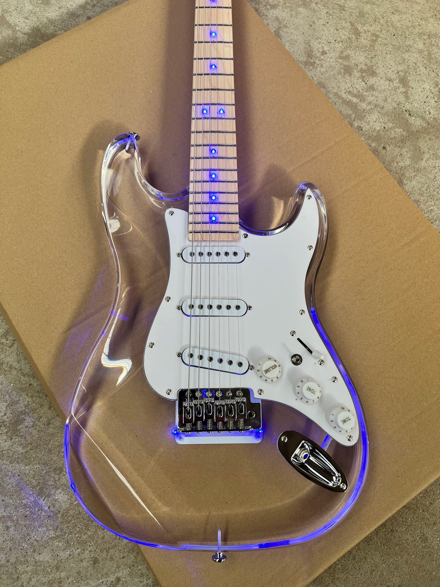 Acrylic clear crystal Plexiglas 6-string electric guitar Blue LED lights Maple guitar neck Free shipping