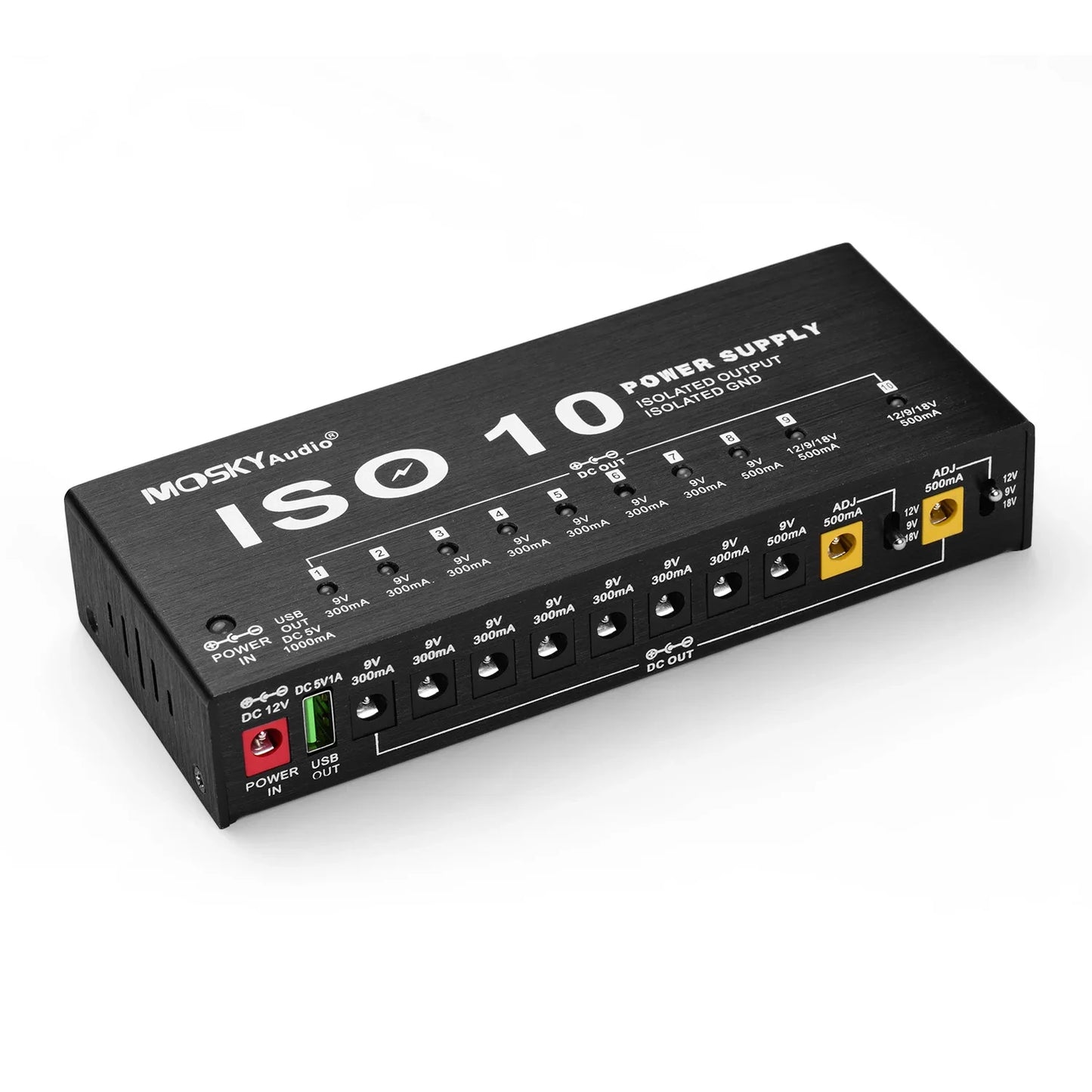 MOSKY ISO-10 Guitar Effect Pedal Power Supply 10 Isolated DC Outputs/ 5V USB Output for 9V 12V 18V Protection Guitar Accessories